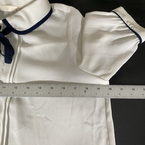 Vintage Style Blouse M Tie Neck Peter Pan Collar Preppy French Girl Coquette - Picture 12 of 13